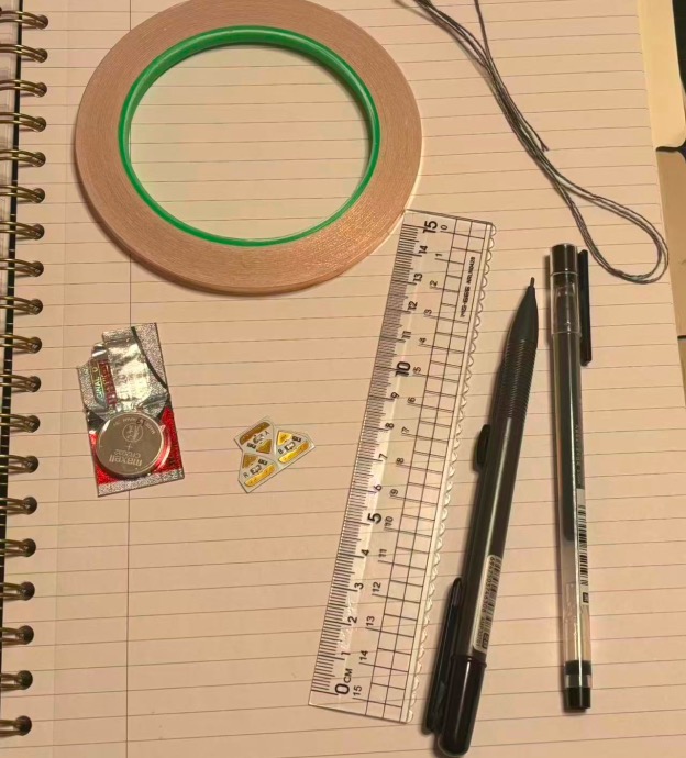 Materials used: Graphite pencil, ink pen, ruler, wire, battery, copper tape, paper, LED.