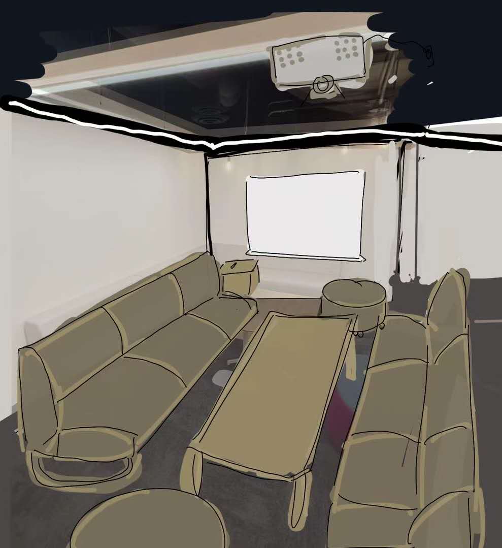 The spatial design in this image embodies a distinct utilitarian style, featuring a clean layout with clearly defined functions. This area is equipped with comfortable sofas, a long table accommodating multiple users, and professional projection equipment. Its core design principle is to establish a multifunctional zone focused on efficient work and team collaboration, flexibly supporting activities like small meetings, proposal discussions, or group film screenings to meet the diverse communication and collaboration needs of modern work.